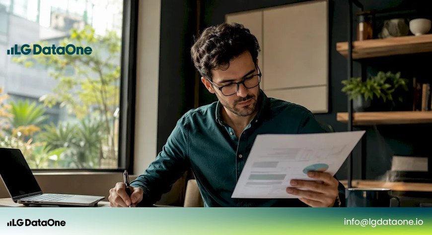 Alternativas a Google Analytics 4. Profesional revisa documentos impresos desde su despacho en casa