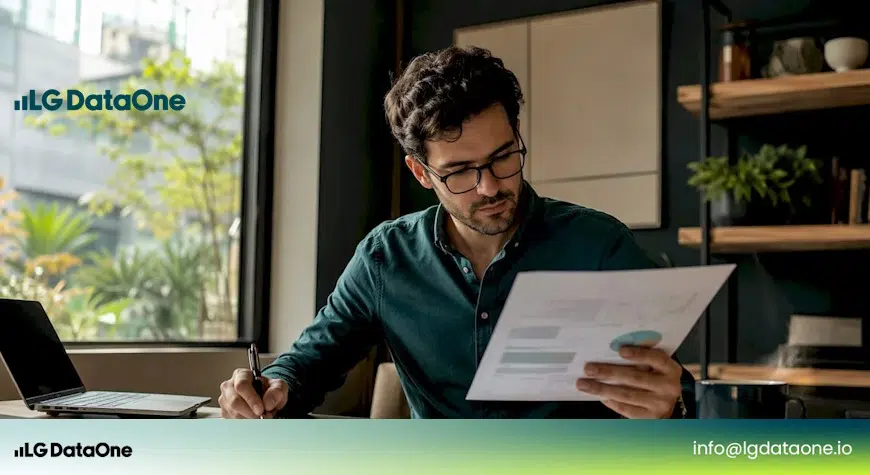 Alternativas a Google Analytics 4. Profesional revisa documentos impresos desde su despacho en casa