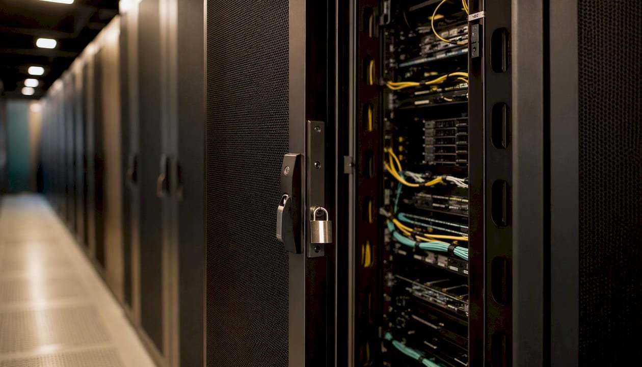 Armario de servidores abierto donde se aprecian los detalles del sistema de almacenamiento de datos