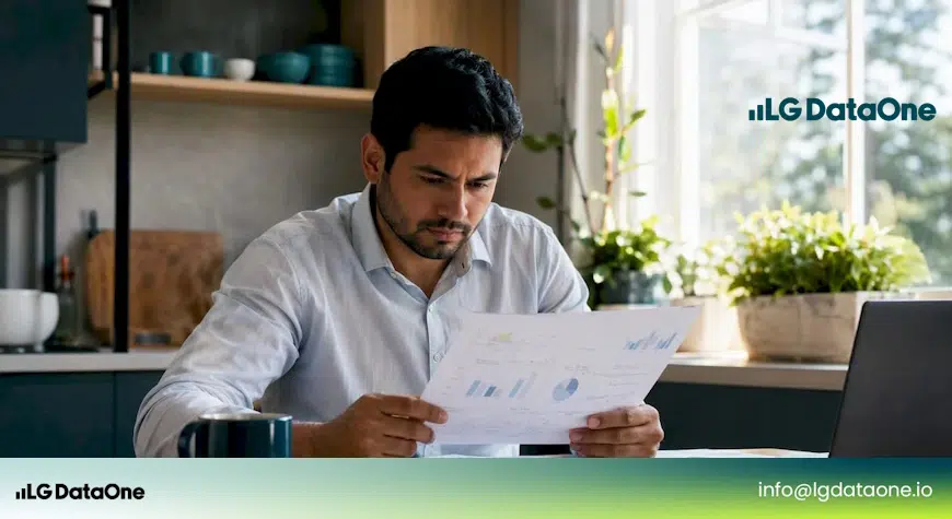 Tracking sin cookies. Profesional analizando un informe impreso desde su oficina en casa