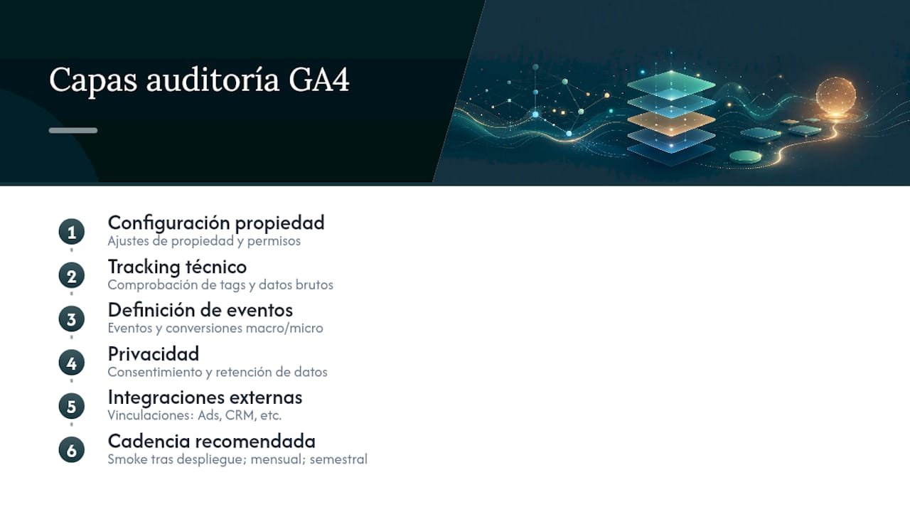 1789101519939 Cinco capas de auditoria GA4 Auditoría GA4 para ecommerce: checklist técnico paso a paso LG DATAONE 1 Infografía de cinco capas para realizar una auditoría de GA4